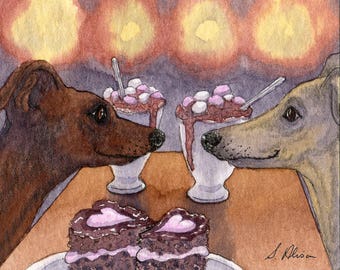 Whippet Greyhound dog 8x10 print drinking hot chocolate with marshmallows heart shaped cake romantic couple stay as sweet as you S Alison
