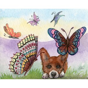 Butterfly Welsh Corgi dog 5x7 and 8x10 art prints poster from a Susan Alison watercolour painting butterfly best not eaten by pup pretty