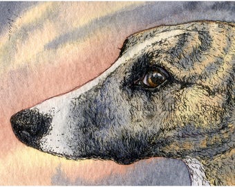 Greyhound Whippet Dog Print Brindle: Susan Alison Watercolour Painting (8x10 Inch)