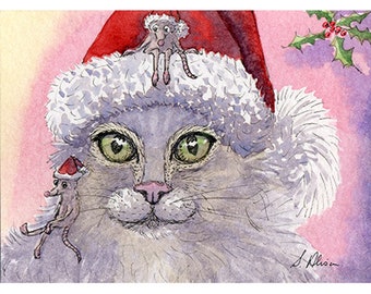 Original cat mini art ACEO ATC silver tabby - a Susan Alison watercolour painting Santa hat Christmas holiday picture mice peace on earth