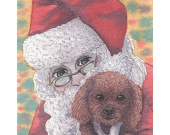 Chocolate poodle dog 5x7 and 8x10 inch print poster from a Susan Alison watercolour painting Santa's little helper pet eager to help toy