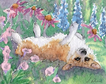Welsh Corgi dog 5x7 8x10 inch print pup coneflower garden flowers floral rolling flower bed herbaceous border Susan Alison w/color painting