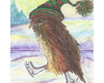 Ice figure skating owl bird 5x7 & 8x10 signed art print poster from watercolour painting by Susan Alison wearing bobble hat looking serious