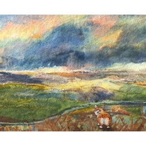 Fields of sun landscape Welsh Corgi dog 5x7 and 8x10 art prints poster from Susan Alison watercolour painting sunny scenic view countryside