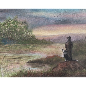 Signed 5x7 & 8x10 inch landscape lakeside lake open water print a man and his dog staring in awe of the evening from a Susan Alison painting