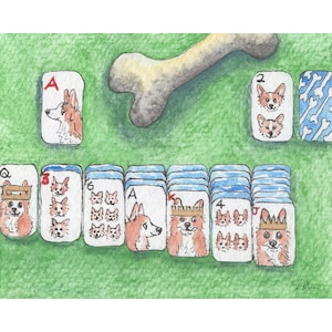 Welsh corgi dog 5x7 & 8x10 inch prints poster playing solitaire patience Pembroke from Susan Alison watercolour painting hand of cards deck