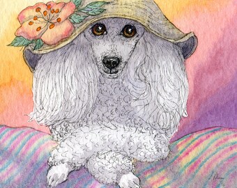 White poodle dog 5x7 and 8x10 signed art print from a watercolour painting by Susan Alison that Mona Lisa smile straw hat flower secrets