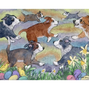 Border Collie puppies dog 8x10 and 5x7 inch signed prints poster Easter egg hunt daffodils from a watercolour painting Susan Alison sheepdog