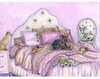 Whippet greyhound dog sleepover 8x10 art print lurcher galgo slumber party staying with friends from a Susan Alison watercolour painting