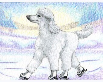 White Poodle ice skating 5x7 and 8x10 art print poster standard toy skater figure dancing on ice from a Susan Alison watercolour painting