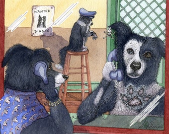 Border Collie 5x7 8x10 prints bad dog in the big house doghouse kennel prison gaol visiting inmate from watercolor painting Susan Alison