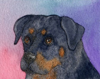 Rottweiler dog signed 5x7 and 8x10 inch art print poster soft-centred from a Susan Alison watercolour painting black and tan family dog