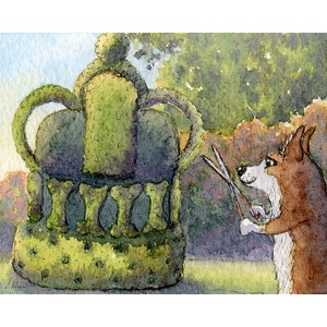 Welsh Corgi dog 5x7 8x10 art print herding topiary creative clipping shrubs trees ornamental shapes from a Susan Alison watercolour painting