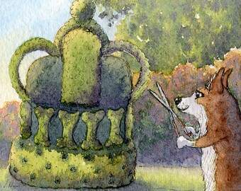 Welsh Corgi dog 5x7 8x10 art print herding topiary creative clipping shrubs trees ornamental shapes from a Susan Alison watercolour painting