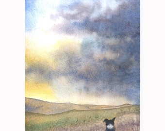 Border Collie dog 5x7 and 8x10 art prints sheepdog landscape sun follows rain scenic view from Susan Alison watercolour painting the hills