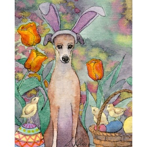 Whippet greyhound dog Easter bunny 5x7 & 8x10 art print poster from a Susan Alison watercolour painting halloween costume floppy ears rabbit