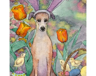 Whippet greyhound dog Easter bunny 5x7 & 8x10 art print poster from a Susan Alison watercolour painting halloween costume floppy ears rabbit