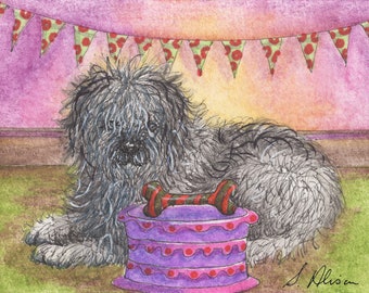 Old English Sheepdog ACEO orig mini watercolor painting Susan Alison bobtail OES dog birthday cake party bunting bone present wrapped shaggy