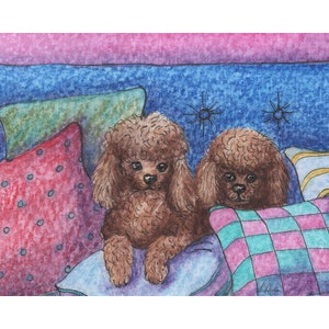 brown poodle dog 5x7 8x10 art print from a watercolour painting by Susan Alison two dogs standard toy waiting for TV favourite soap on sofa