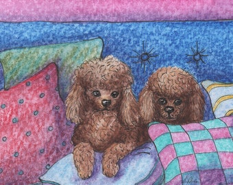 brown poodle dog 5x7 8x10 art print from a watercolour painting by Susan Alison two dogs standard toy waiting for TV favourite soap on sofa