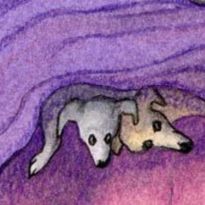 Sleepover print poster in 5x7 and 8x10 signed pals friends from a Susan Alison watercolour painting purple greyhound pups playing on bed image 4