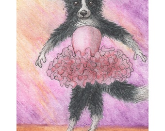 Sheepdog Border collie dog 5x7 & 8x10 inch art print poster from Susan Alison watercolor painting ballerina ballet tutu dance dancing frilly