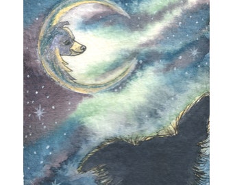 Border Collie dog 5x7 & 8x10 Susan Alison art prints poster frm watercolor painting sheepdog chatting with man mutt in the moon starry night