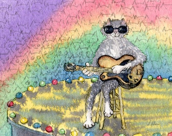 silver tabby 5x7 8x10 art print from a painting of guitar playing kitten centre stage by Susan Alison cool cat folk singer country western