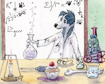 Border Collie dog 5x7 8x10 inch Susan Alison print from a painting sheepdog science scientist invention inventor experiment lab laboratory