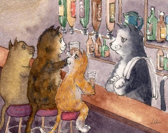 three cats in a pub tabby cat 5x7 & 8x10 art print from a Susan Alison watercolour painting siamese tortoiseshell ginger joker telling jokes