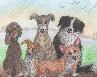 8x10 5x7 print gang poster from Susan Alison watercolour painting dogs corgi greyhound Border collie friends pals poodle terrier responsible