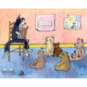 Border Collie dog 5x7 and 8x10 art print sheepdog fairy tale story reading children sheepdog book teddy bear babysitter once upon a time
