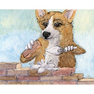 Corgi dog 5x7 and 8x10 print poster Pembroke Welsh house brick bricklayer builder cement wall from a Susan Alison watercolour painting job