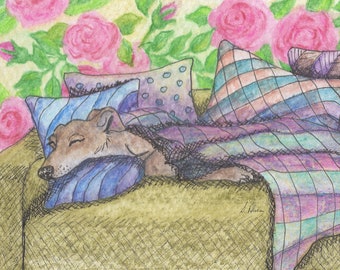 Whippet greyhound dog print 5x7 and 8x10" lurcher sighthound from a Susan Alison watercolour painting snooze time nap dozing snoozing asleep