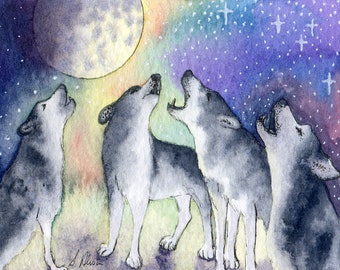 Siberian husky dog 5x7 and 8x10 art print singing sibes sled dogs choir practice choral music howling at the moon by Susan Alison painting