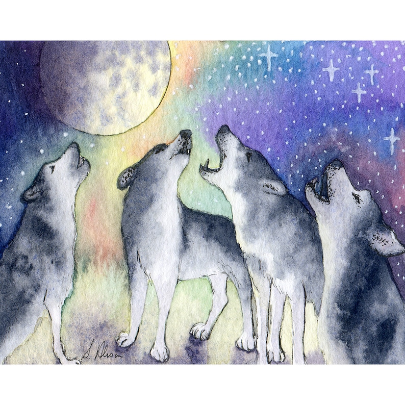 May include: Four grey wolves howl at the moon in a watercolor painting. The moon is full and bright, and the sky is filled with stars. The wolves are silhouetted against the night sky.