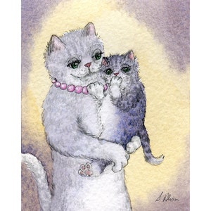Silver tabby cat kitten 5x7 8x10 inch print poster he was a little shy from watercolour painting by Susan Alison mother and child grey kitty