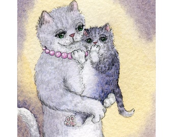 Silver tabby cat kitten 5x7 8x10 inch print poster he was a little shy from watercolour painting by Susan Alison mother and child grey kitty