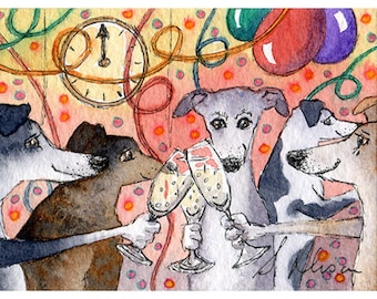 Original greyhound whippet lurcher mini art ACEO celebration party animals - a Susan Alison watercolour miniature painting 2.5x3.5 inch ATC
