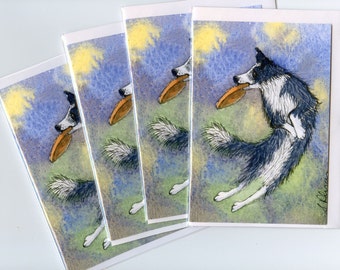 4 x Border Collie dog greeting cards blank inside for your own greeting sheepdog catching frisbee from a Susan Alison watercolour painting