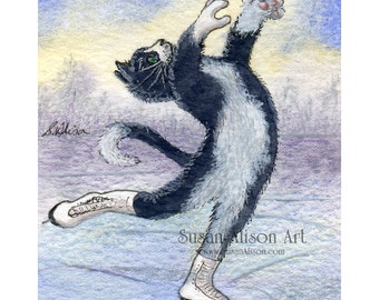 Ice skating tuxedo cat 5x7 or 8x10 inch art print figure lay back position black and white kitten from Susan Alison watercolour painting