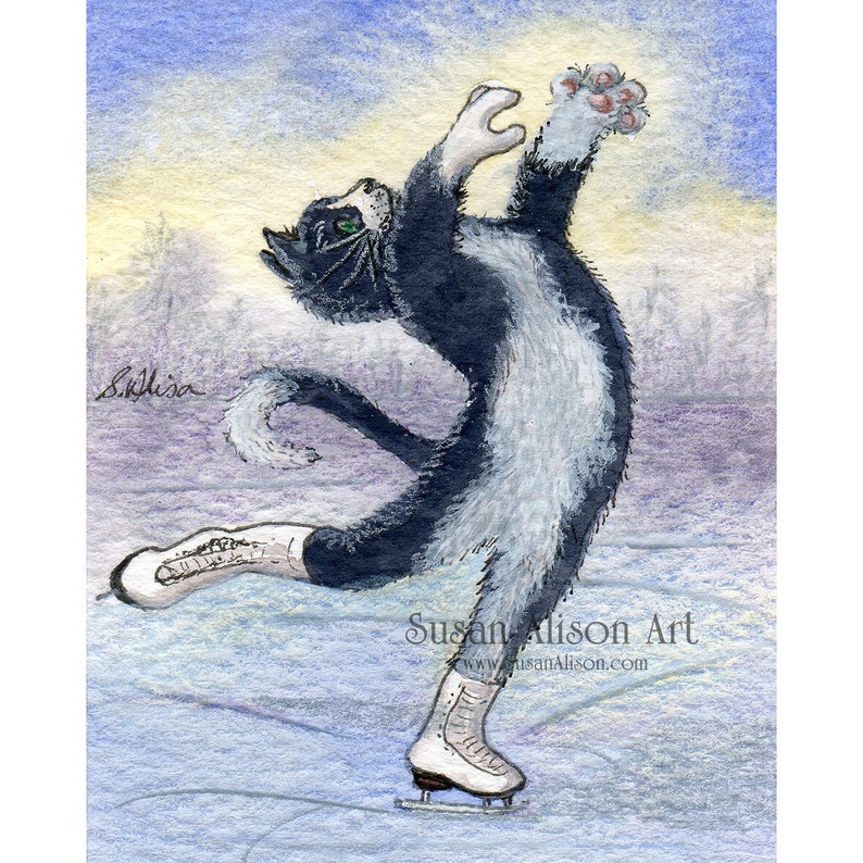 Ice skating tuxedo cat 5x7 or 8x10 inch art print figure lay back position black and white kitten from Susan Alison watercolour painting image 1