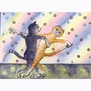 Cat kitten ballroom dancing 5x7 & 8x10 print poster strictly gliding across the floor from a Susan Alison watercolour painting partner dance