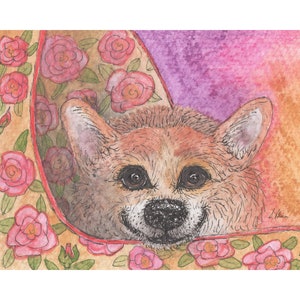 Welsh Corgi dog 5x7 and 8x10 prints poster Pembroke it's smiler aka be happy from a Susan Alison watercolour painting smiley happy dog