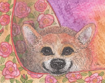 Welsh Corgi dog 5x7 and 8x10 prints poster Pembroke it's smiler aka be happy from a Susan Alison watercolour painting smiley happy dog