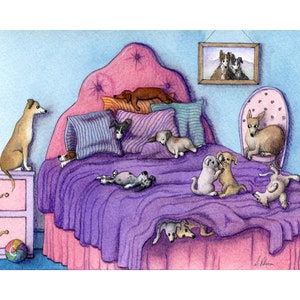 Sleepover print poster in 5x7 and 8x10 signed pals friends from a Susan Alison watercolour painting purple greyhound pups playing on bed image 1
