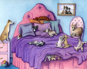 Poster imprimé soirée pyjama en 5 x 7 et 20 x 10 po. signé amis d'une aquarelle de Susan Alison peignant des lévriers violets jouant sur le lit