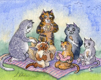 Cats on a picnic 5x7 & 8x10 art print by Susan Alison silver tabby ginger cat marmalade eating sandwiches chicken drumsticks kitten Siamese