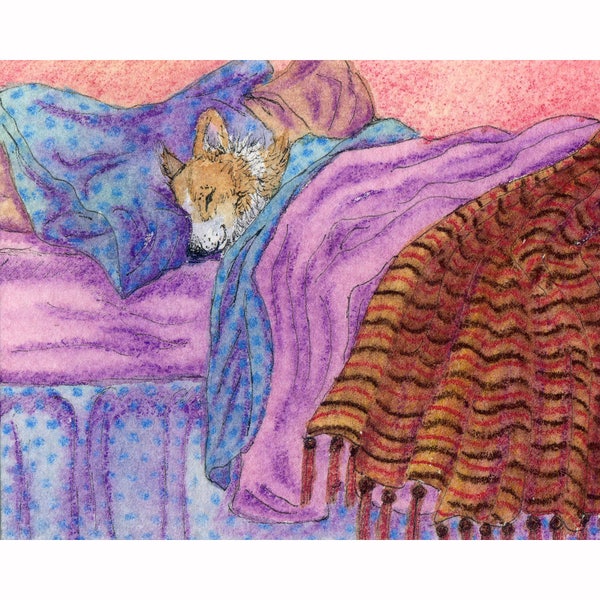 Welsh Corgi dog 5x7 & 8x10 art print he was having a duvet day snoozing having a lie-in Pembroke Susan Alison under the duvet in bed asleep