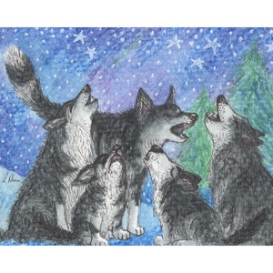 Carol singing Siberian husky dog 5x7 and 8x10 inch art print Christmas holiday Xmas season sibes from a Susan Alison painting howling choir